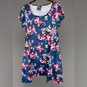 TMG New York Womens Dress Blue Pink Floral Short Sleeve Scoop Neck Stretch Large